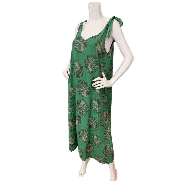 Cristina Vergani Linen Palm Leaf Tropical Tie Strap Sleeveless Dress - Picture 4 of 6